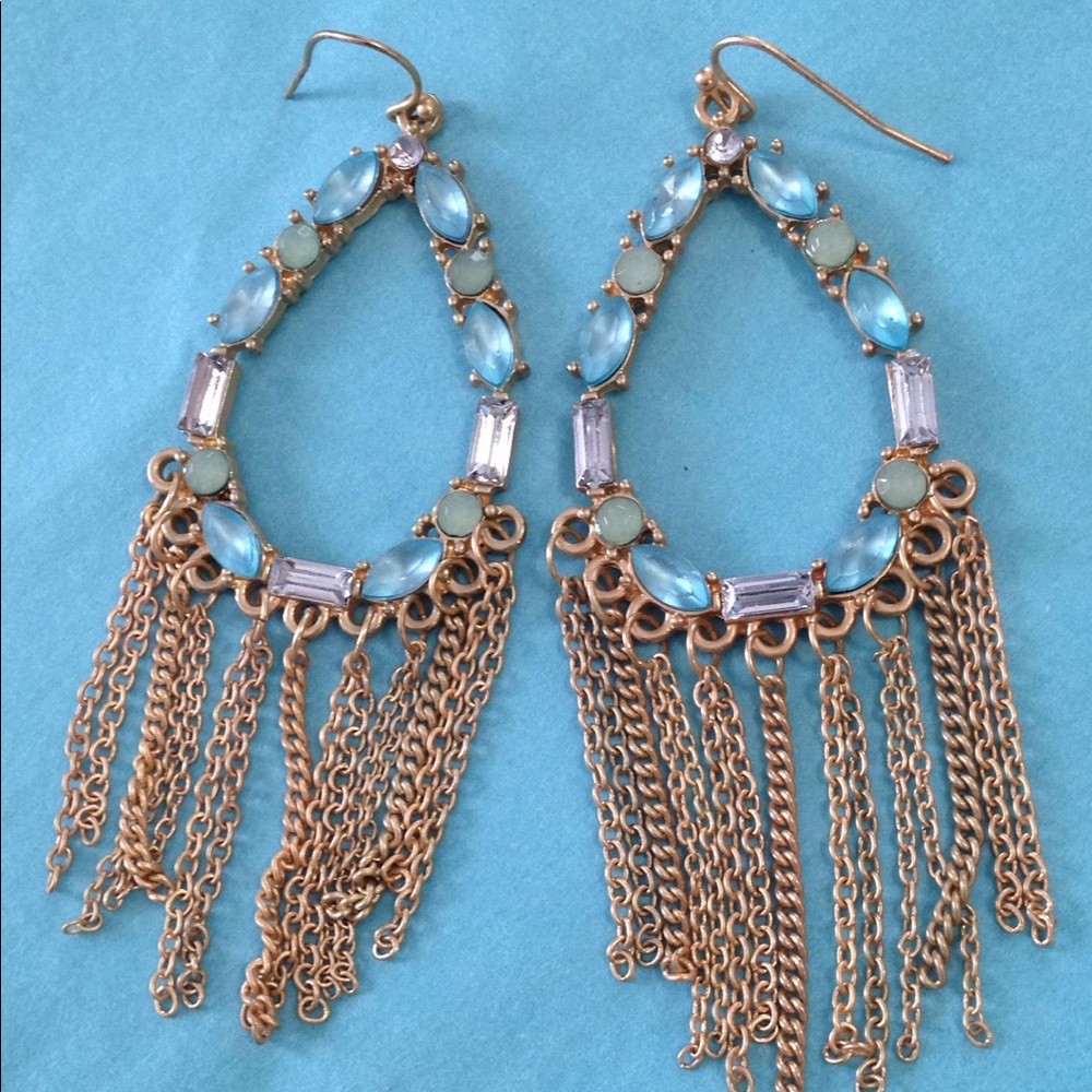NEW Dangling Chains Earrings Turquoise Dazzling Jeweled Blue Crystals Goldtone - Picture 7 of 10